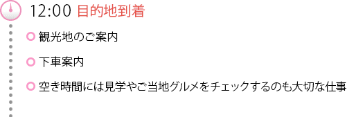 12:00目的地到着　観光地のご案内、下車案内、空き時間には見学やご当地グルメをチェックするのも大切な仕事