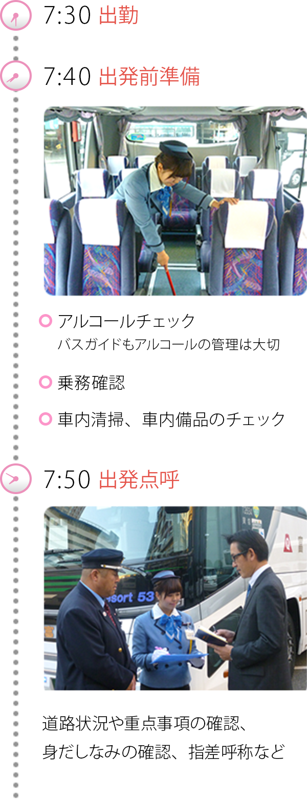 7:30出勤 7:40出発前準備 アルコールチェック バスガイドもアルコールの管理は大切 乗務確認 車内清掃、車内備品のチェック 7:50出発点呼道路状況や重点事項の確認、身だしなみの確認、指差呼称など