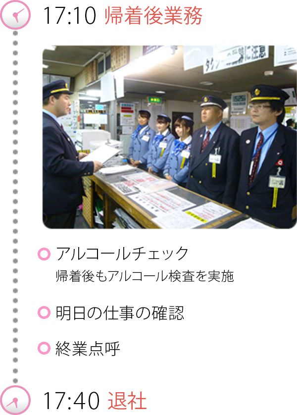 17:10帰着後業務 アルコールチェック帰着後もアルコール検査を実施 明日の仕事の確認 終業点呼 17:40退社
